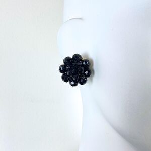 VTG Black Bead Clip-On Earrings Faceted Glass Crystal & Gold Tone Signed Germany